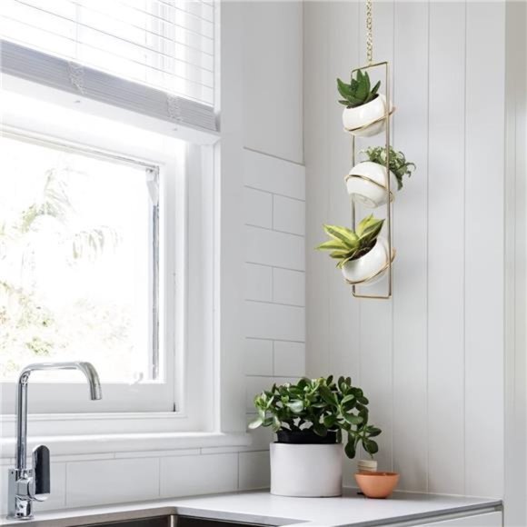 Hanging Planter for Indoor Plants, Boho Vertical Ceiling Plant Gold Metal Hanger - Picture 4 of 7